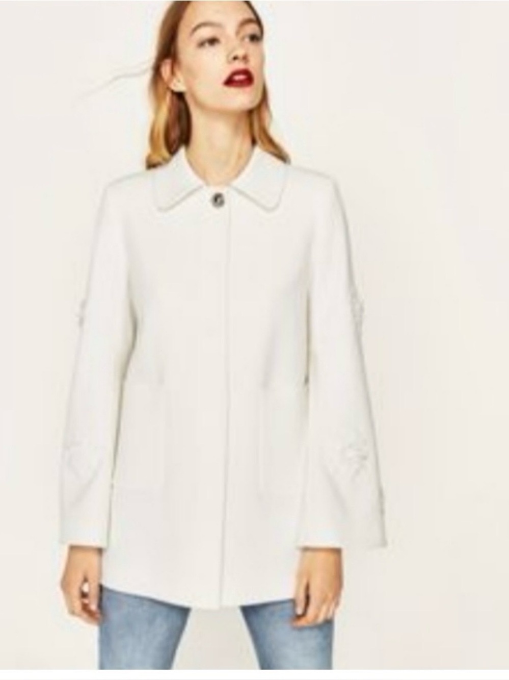 Zara White Ecru Pea Coat with Embroidered Sleeves Size L